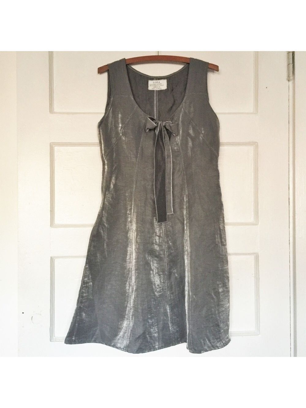 LOLA Glazed Linen Bow Front A Line Silver Dress